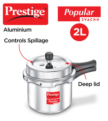 Prestige Popular Svachh Aluminium Outer Lid Pressure Cooker (Tall), 2.0 Litre - Silver, Medium (10163)