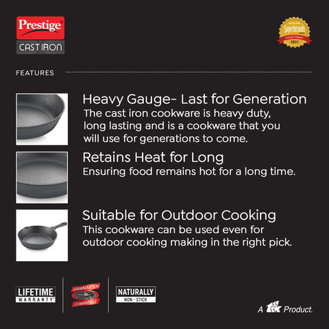 Prestige Pre-Seasoned Cast Iron Fry Pan - 200mm, Induction Base, Black
