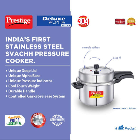 Prestige 8 Litre Stainless Steel Deluxe Alpha Svachh Outerlid Pressure Cooker |Deep lid for spillage control|10 years warranty|Gas & Induction compatible|Gasket release system|ISI Certified