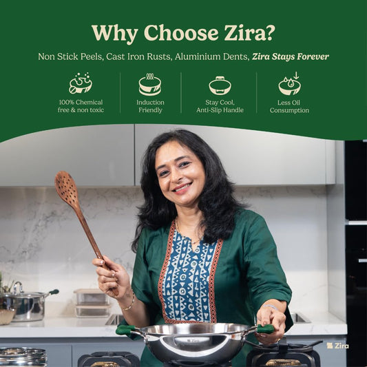 Zira Triply Stainless Steel Kadai with Steamer Lid | 26cm, 3.8L | Fire Proof, Stay Cool Silicone Handle | Induction & Gas Friendly | 2.5mm Heavy Bottom Triply Kadhai | 10 Year Warranty