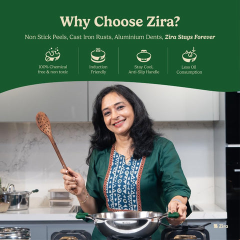 Zira Triply Stainless Steel Kadai with Steamer Lid | 26cm, 3.8L | Fire Proof, Stay Cool Silicone Handle | Induction & Gas Friendly | 2.5mm Heavy Bottom Triply Kadhai | 10 Year Warranty