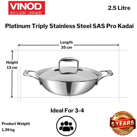 Vinod SAS Pro Platinum Triply Stainless Steel Kadai - 2.5 L | HexaShield Design Stick-Resistant Surface | Metal Spatula Safe | Less Oil, Healthy Cooking | Induction & Gas Base | PFOA Free