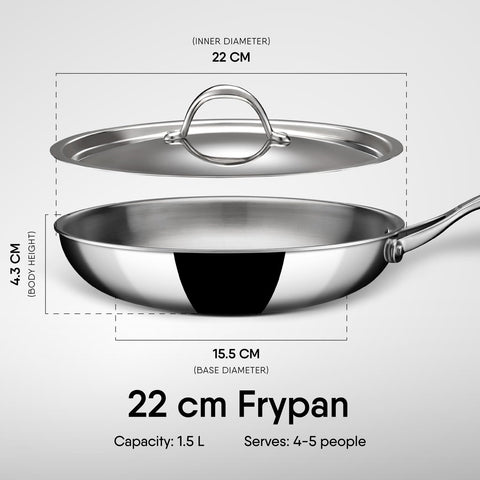 Stahl Artisan Triply Stainless Steel Fry Pan with Lid, Induction & Gas Stove Compatible Frying,Omelette, Egg 1.3 L, 22 cm