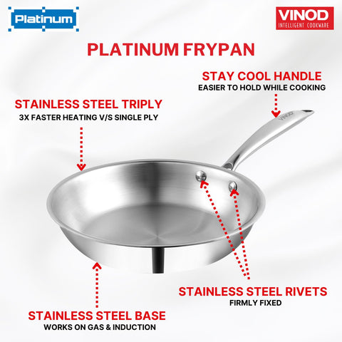 Vinod Platinum Triply Stainless Steel Frying Pan - 16 cm | Heavy-Bottom Frypan for Healthy, Low-Oil Cooking | Induction and Gas Compatible | Scratch Resistant