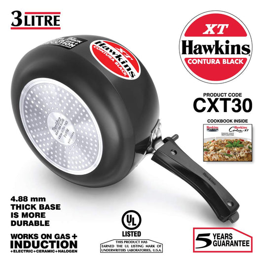 Hawkins Contura Black XT Induction Compatible Aluminium Inner Lid Pressure Cooker, 3 Litre, Black (CXT30)
