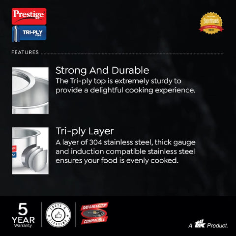 Prestige 14cm/1L Tri-Ply Stainless Steel Tope with Lid|Gas and Induction Compatible| Even Heat Distribution|Strong and Durable| 5 Years Warranty