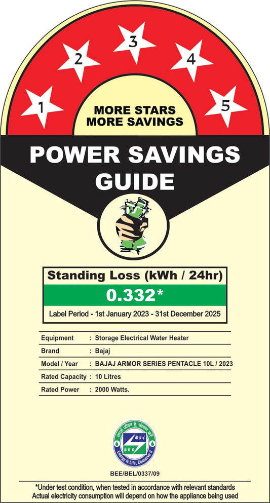 Bajaj Armour Series Pentacle 10L Storage Water Heater For Home | 5 Star Rated Geyser | Glass-lined Coating | Non-Stick Heating Element | Suitable For High Rise Building | 4-Yr Warranty 【White & Blue】