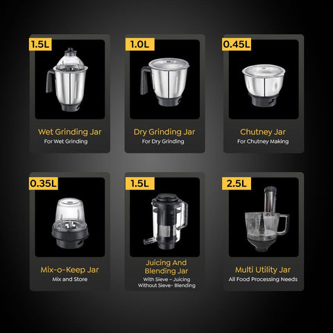 Prestige Endura Pro 1000 Watt Multi Functional Mixer Grinder | Heavy-Duty Ball Bearing Copper Motor | 6 Jars with Food Processing Attachments | 14 Functions in One | 5Y Motor Warranty