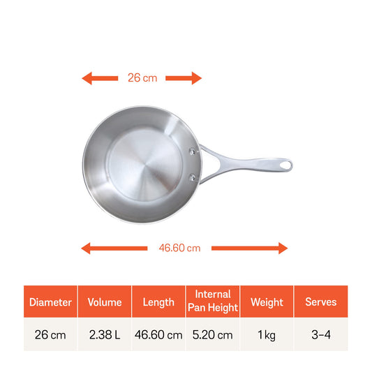 Meyer Select Nickel Free Stainless Steel Frypan | Frying Pan | Steel Frying Pan with Triply Base | Steel Fry pan | Gas and Induction Compatible, 26 cm/ 2.38L, Silver