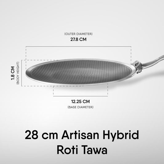 Stahl Artisan Hybrid Roti Tawa 4 mm Thick | 28 cm Triply Stainless Steel Tawa with Honeycomb Structured Stick Resistant Layer | Scratch Resistant Roti Tawa Compatible with Induction & Gas Stove