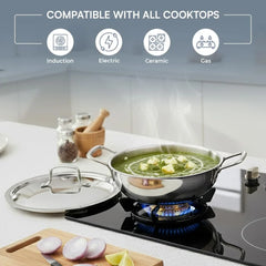 Kraft Futuretec Triply Stainless Steel Kadai with Lid – 1.5 Litre (20 cm), 2.5 mm Thick Extra Deep Kadai | Family Meals and Daily Cooking | Induction & Gas Compatible | 5 Years Warranty
