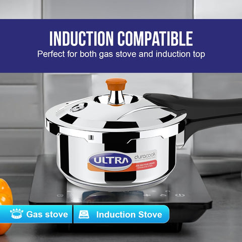 ULTRA Duracook 2.L StainlessSteel Outer Lid,AISI 304 Food Grade SS Pressure Cooker (2 Litre),Froth Collector,spillage Control,Induction&cooktop Compatible,Injection Moulded Bakelite Handles,ISI.
