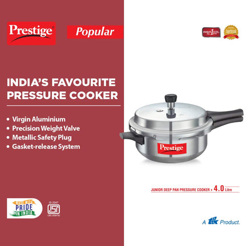 Prestige 4 Litre Aluminium Popular Junior Outerlid Deep Pressure Pan (Cooker)|Gas Compatible|Gasket Release System|Metallic Satefy plug|5 Years Warranty|ISI Certified