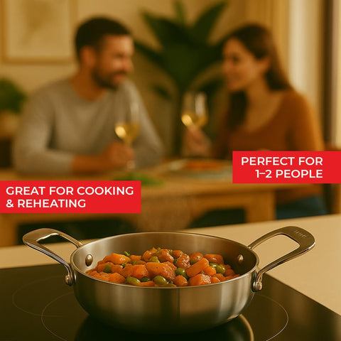 Vinod Platinum Tripy Stainless Steel Mini Kadai - 14cm (600 ml), Compact Design for Healthy Cooking, Induction Friendly Versatile Small kadhai, Use Less Oil, Sturdy and Durable - 5 Years Warranty