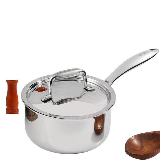 Vinod Platinum Triply Stainless Steel Saucepan with Lid - 1.2 litres (14 cm) | 2.5 mm Thick | Tea, Chai Pan | 5 Year Warranty | Induction & Gas Friendly, Heavy Bottom - Silver