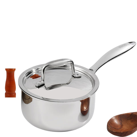 Vinod Platinum Triply Stainless Steel Saucepan with Lid - 1.2 litres (14 cm) | 2.5 mm Thick | Tea, Chai Pan | 5 Year Warranty | Induction & Gas Friendly, Heavy Bottom - Silver