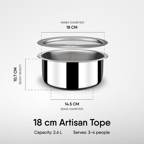 Stahl Triply Stainless Steel Tope with Lid I Stainless Steel Patila I Induction Base Tri Ply Tope 2.1 Litre I Artisan 4518, Dia 18 cm