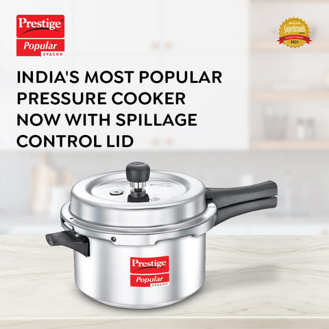 Prestige 4 Litre Aluminium Popular Svachh Outerlid Pressure Cooker|Deep Lid for spillage Control|Virgin Aluminium|Gas Compatible|Controlled Gasket Release System|5 years warranty|ISI Certified