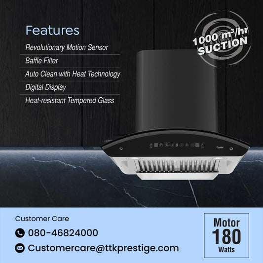 Prestige OSCAR 600 Contemporary Black Kitchen Hood Chimney|Powerful Suction - 1000m3/hr|Digital Display|Auto clean with Heat Technology|Revolutionary Motion Sensor|Baffle Filter|180W|Black & Grey
