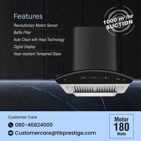 Prestige OSCAR 600 Contemporary Black Kitchen Hood Chimney|Powerful Suction - 1000m3/hr|Digital Display|Auto clean with Heat Technology|Revolutionary Motion Sensor|Baffle Filter|180W|Black & Grey