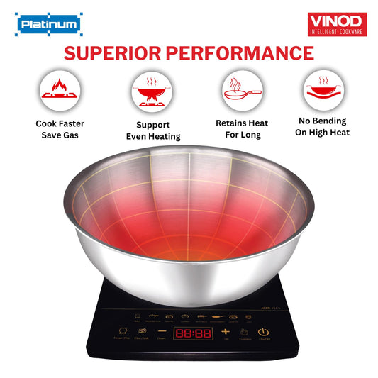 Vinod Platinum Triply Stainless Steel Extra Deep Tasla/Kadai - 1.8 litres, 20 cm | 2.5 mm Thick Heavy Bottom, Fast & Even Heating, Less Oil Healthy Cooking, Induction Base Kadhai for Frying & Dough