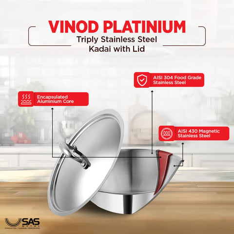 Vinod Platinum Triply Stainless Steel Kadai with Lid - 28 cm | Even Heating No Hotspot, Less Oil Healthy Cooking, Heavy Bottom Induction Cookware Kadhai for Cooking & Frying
