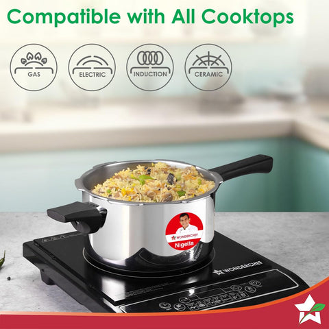 Wonderchef Nigella Triply Stainless Steel Pressure Cooker 3L, Outer Lid, Gas, Induction Compatible & Ceramic Cooktop, ISI Certified, Da Vinci Collection, Uniform Heating, 5-Year Warranty