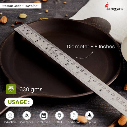 Aarogyam Cast Iron Shallow Fry Omlet Pan Tawa - 8 Inch Diameter, Perfect for 2 Egg Omlet/Uttapam/Roasting, Long Handle, Gas & Induction Compatible, Pre-Seasoned, Naturally Nonstick, Weight 650 Grams