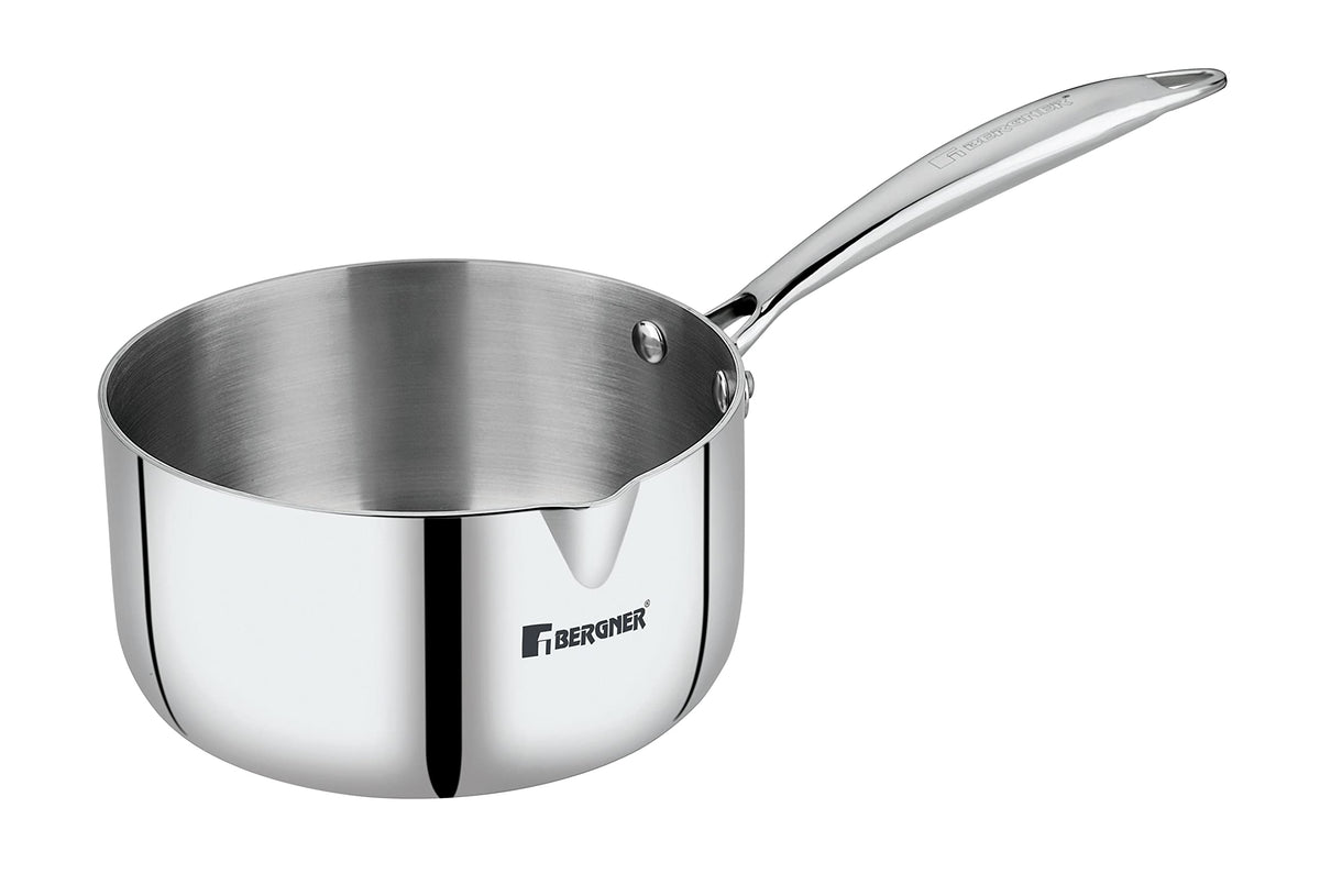 Bergner Argent TriPly Stainless Steel 18 cm Milkpan/Saucepan, Stay Cool Cast Handle, Food Safe, Durable, Even Heat Distribution, Dishwasher Safe, Induction and Gas Ready, 5-Year Warranty, Silver  BGIN-1302