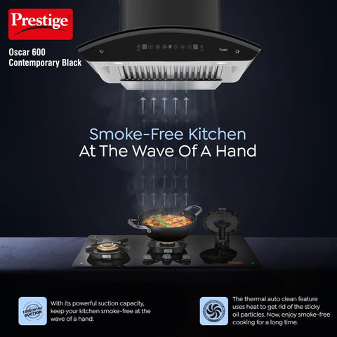 Prestige OSCAR 600 Contemporary Black Kitchen Hood Chimney|Powerful Suction - 1000m3/hr|Digital Display|Auto clean with Heat Technology|Revolutionary Motion Sensor|Baffle Filter|180W|Black & Grey