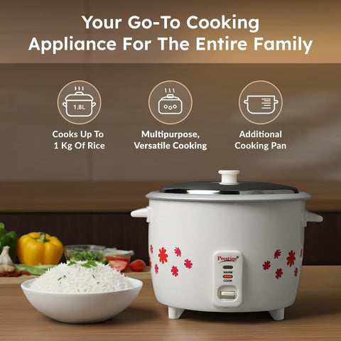 Prestige PRWO 1.8-2 Electric Rice Cooker| 2 Aluminium Cooking Pans | Stainless Steel Lid | Grey/White | Cool Touch Handles | Detachable Power Cord | 700- Watt|1.8 Litres