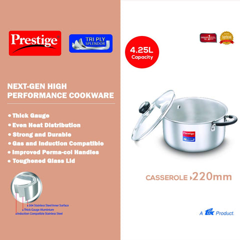 Prestige 22cm/4.25L Tri-Ply Stainless Steel Splendor Casserole with Glass Lid|Gas and Induction Compatible| Even Heat Distribution|Strong and Durable| Perma-Cool Handles