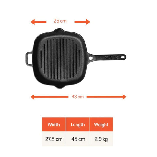 Meyer Cast Iron Grill Pan | Cast Iron Pan | Tandoor Grill | Cast Iron Griller Pan Big Size, Gas and Induction Compatible, 25cm, Black