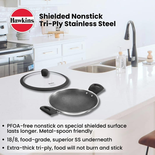 Hawkins 1.25L Breakfast Pan, Nonstick Triply Stainless Steel Appachatty with Glass Lid, Chetty Pan, Appam Patra, Honeycomb Round Bottom Small Kadai, Siler (NSA125G)