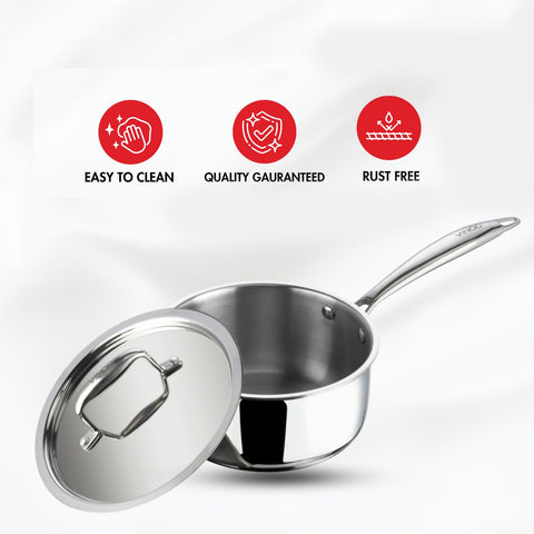 Vinod Platinum Triply Stainless Steel Saucepan with Lid  (18 cm) | Tea, Chai Pan | 5 Year Warranty | Induction & Gas Friendly, Heavy Bottom - Silver