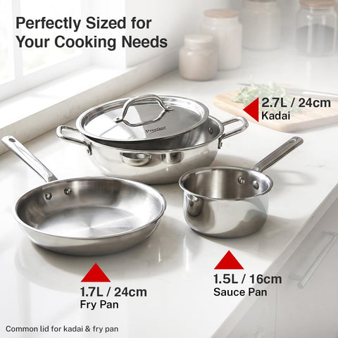 Prestige TRIPLY 4 Pc Cookware Set | TRIPLY Splendid | Fry Pan 24cm/1.7L | Kadai 24cm/2.7L | Sauce Pan 16cm/1.5L | SS Lid 24cm | Gas & Induction Compatible | Even Heat Distribution | 15Y Warranty | ISI