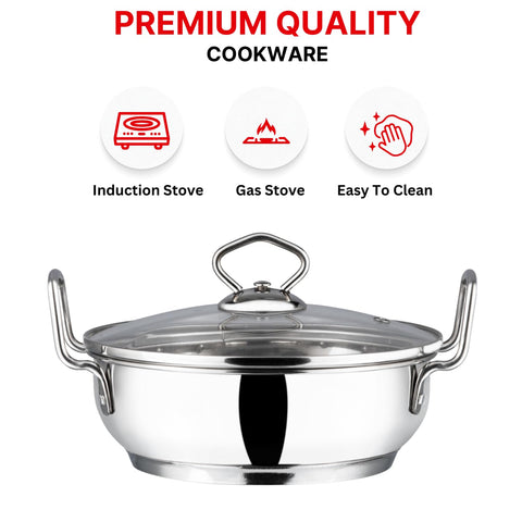 Vinod Stainless Steel Kadhai with Glass Lid, 2.7 L (26 cm) | Extra Thick Heavy Base, Riveted Handles, Easy to Clean, Durable Body | Ideal for Curries & Frying | Induction & Gas Base | 2 Yr Warranty