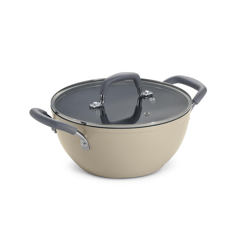 Tramontina Velo 22cm/2.9L Forged with Ceramic Reinforced Interior Kadai | Tempered GlassLid | Kadhai for Curry Deep-Fry Stir-Fry | Silicone Grip Handles | Gas/Induction | Cook & Serve | Sand Beige