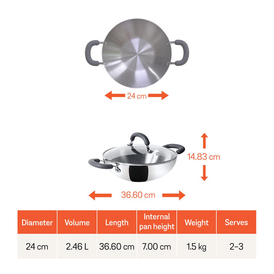 Meyer Trivantage Nickel Free Stainless Steel Triply Kadai | Steel Kadhai with Lid | Kadhai for deep Fry, Gas and Induction Compatible, 24cm, Silver