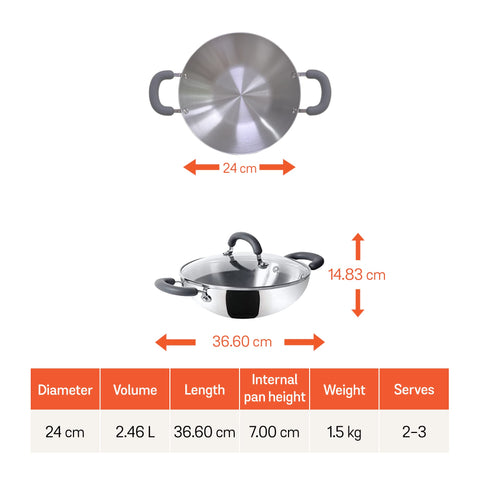 Meyer Trivantage Nickel Free Stainless Steel Triply Kadai | Steel Kadhai with Lid | Kadhai for deep Fry, Gas and Induction Compatible, 24cm, Silver