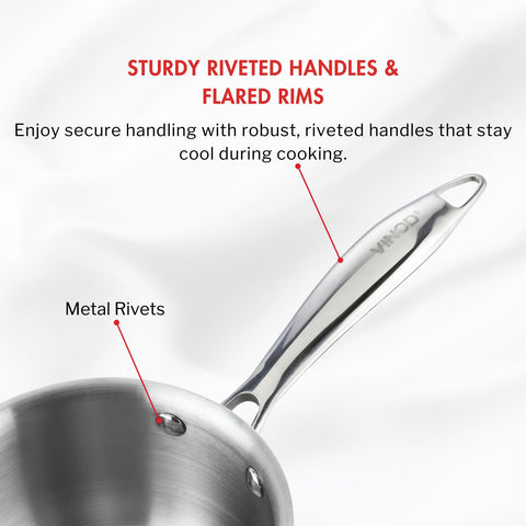 Vinod Platinum Triply Stainless Steel Saucepan with Lid - 2.2 litres (18 cm) | 2.5 mm Thick | Tea, Chai Pan | 5 Year Warranty | Induction & Gas Friendly, Heavy Bottom - Silver