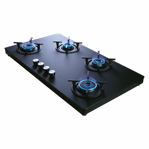 Elica 90cm 4 Burner Gas Stove | SBF MATT LOTUS TKN 904 CT VETRO 2J BK | Matt Glass Top | SABAF Brass Burners & Valves | Cast Iron Pan Support | 10 Yr Burner & 5 Yr Glass Warranty | Black