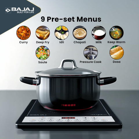 Bajaj ICX 160TS Neo Induction Stove | 1600 Watts | 9 Pre-Set Menus | Digital Display | Keep Warm Function | Variable Time, Power & Temperature Selection | 1 Yr Warranty 【Black】
