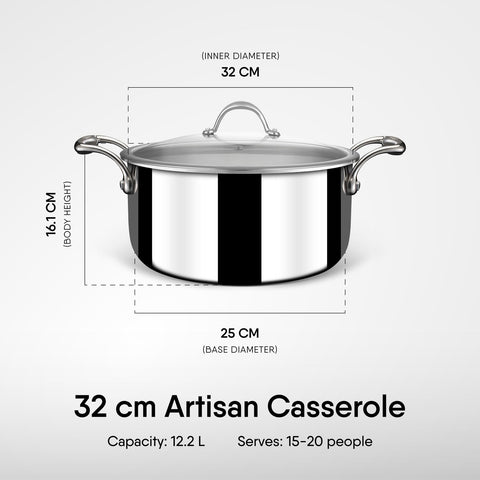Stahl Artisan Triply Stainless Steel Sauce Pot with Lid, 12.2 L, 32 cm, Stainless Steel Casserole | Tri Ply Biryani Pot with Induction Base | Serves 15 People