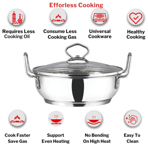 Vinod Stainless Steel Kadhai with Glass Lid 20 cm | Extra Thick SAS Heavy Bottom Cookware | Induction & Gas Stove Compatible