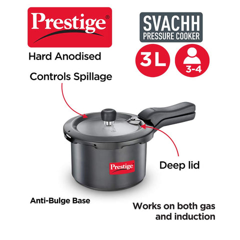 Prestige 3 Litre Hard Anodised Svachh Outerlid Pressure Cooker|Deep Lid for spillage Control|Gas & Induction Compatible|Metallic Safety Plug|Gasket Release System|5 Years warranty|ISI Certified