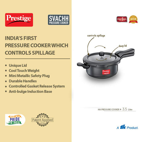 Prestige Svachh 3.5 Litre Outer Lid Pressure Cooker With Hard Anodized Body (Black), 3.5 Liter