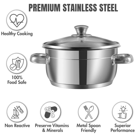 Vinod Two Tone Stainless Steel Saucepot with Glass Lid 8.7 Litre, 28cm (6.2mm Thick Base) | Triply Saucepot, Sturdy Riveted Handle | 2 Year Warranty | Induction Bottom - Silver