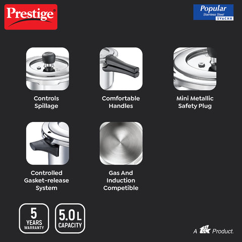 Prestige 5 Litre Stainless Steel Popular Svachh Outerlid Pressure Cooker | Deep lid for spillage control|Gas & Induction Compatible|Controlled Gasket Release System|5 Years warranty|ISI Certified