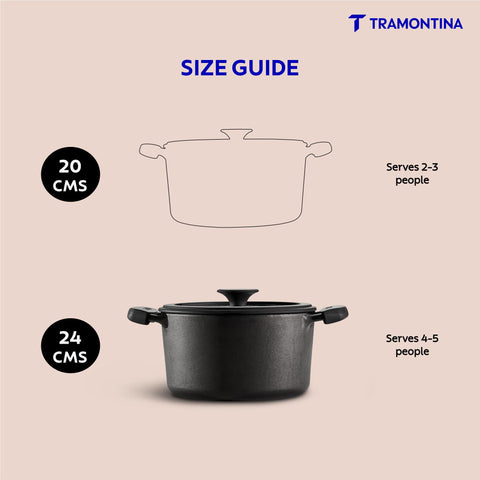 Tramontina TITANEX 24cm/4.9L Pre-Seasoned Heritage Cast Iron Casserole with Toughened Glass Lid | Gas/Induction Compatible Biryani Pot | Stock Pot with Snap-On Silicone Grips | Life-Time Warranty*